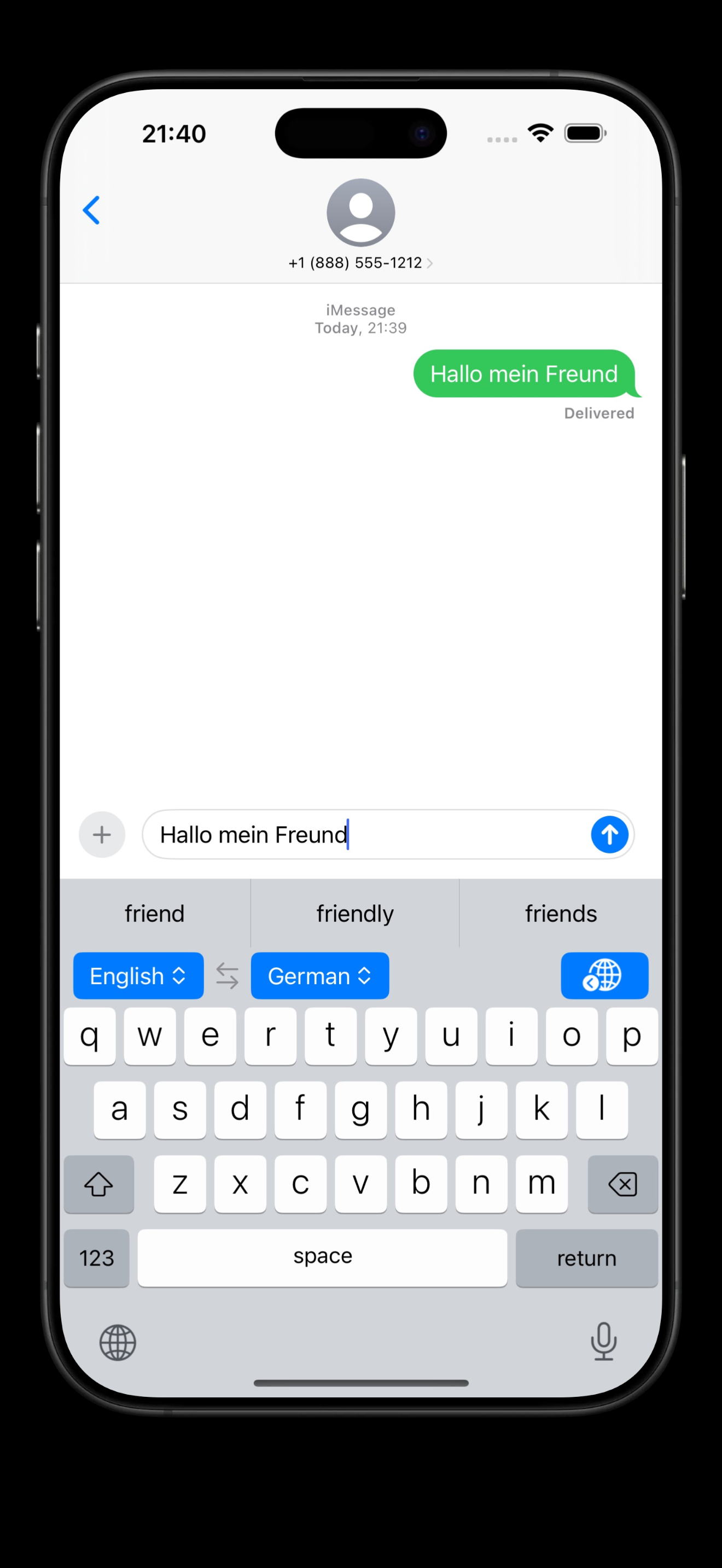 Translated message sent in Messages app